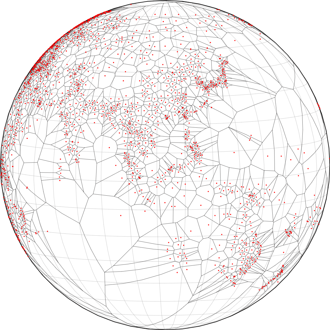 以地球上的大型机场为生成点建立的Voronoi图